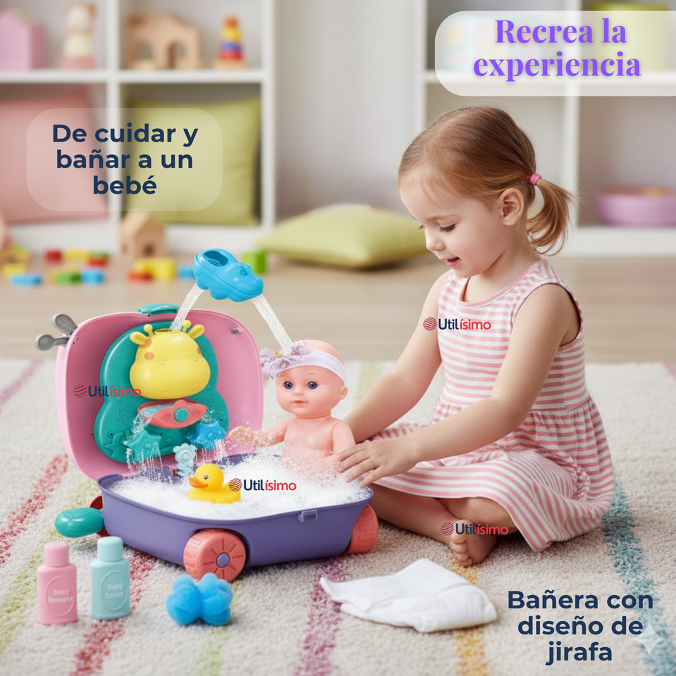 Muñeca Bebe Juguete Con Set Para Baño Con Accesorios