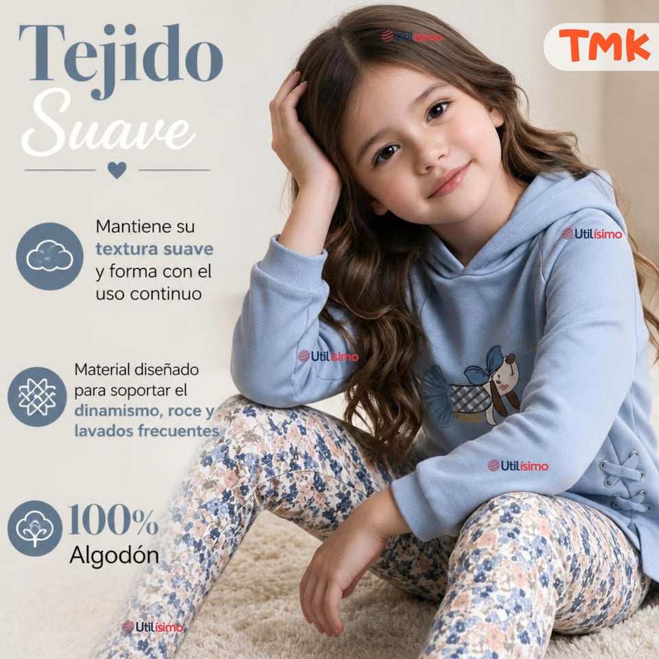 Conjunto 2 Piezas Polerón con Capucha y Buzo 100% Algodón Niña Tedmimak Blue Puppy