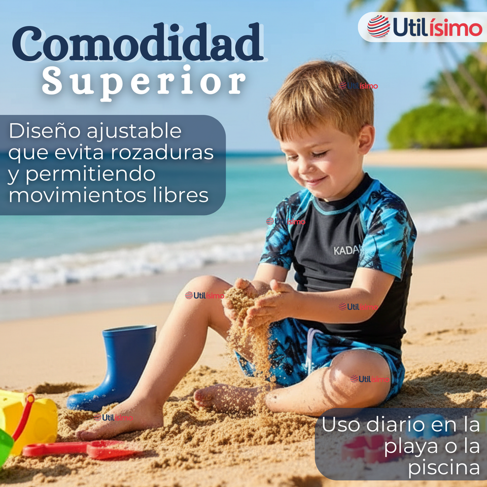 Traje de Baño Pantalón Corto Manga Corta 2 Piezas Corte Split Niño 4 a 6 años Black