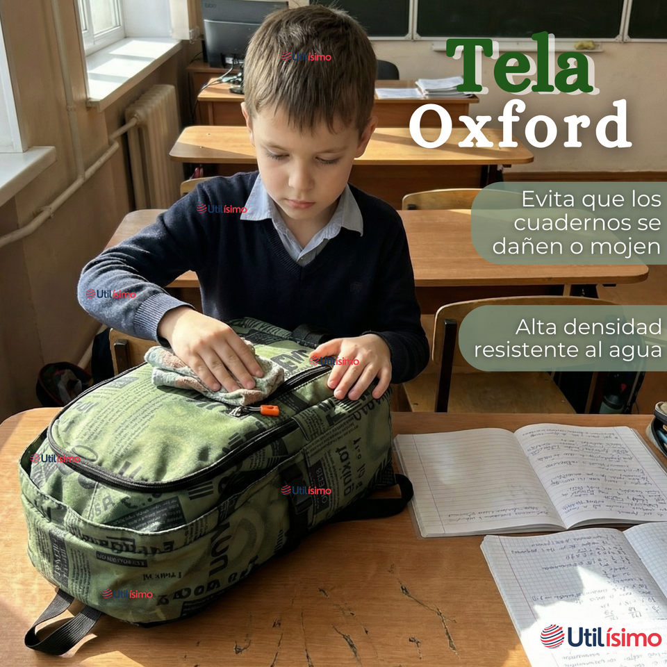 Mochila Escolar + Estuche + Lonchera 49cm Tela Oxford Verde Militar Niño