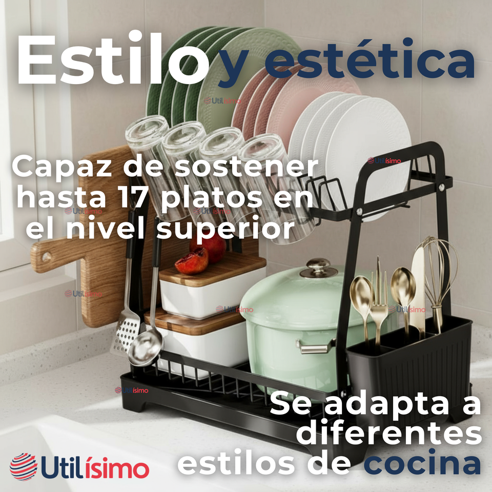 Secador Escurridor Para Platos Loza Vajilla 2 Niveles Drenaje Automático