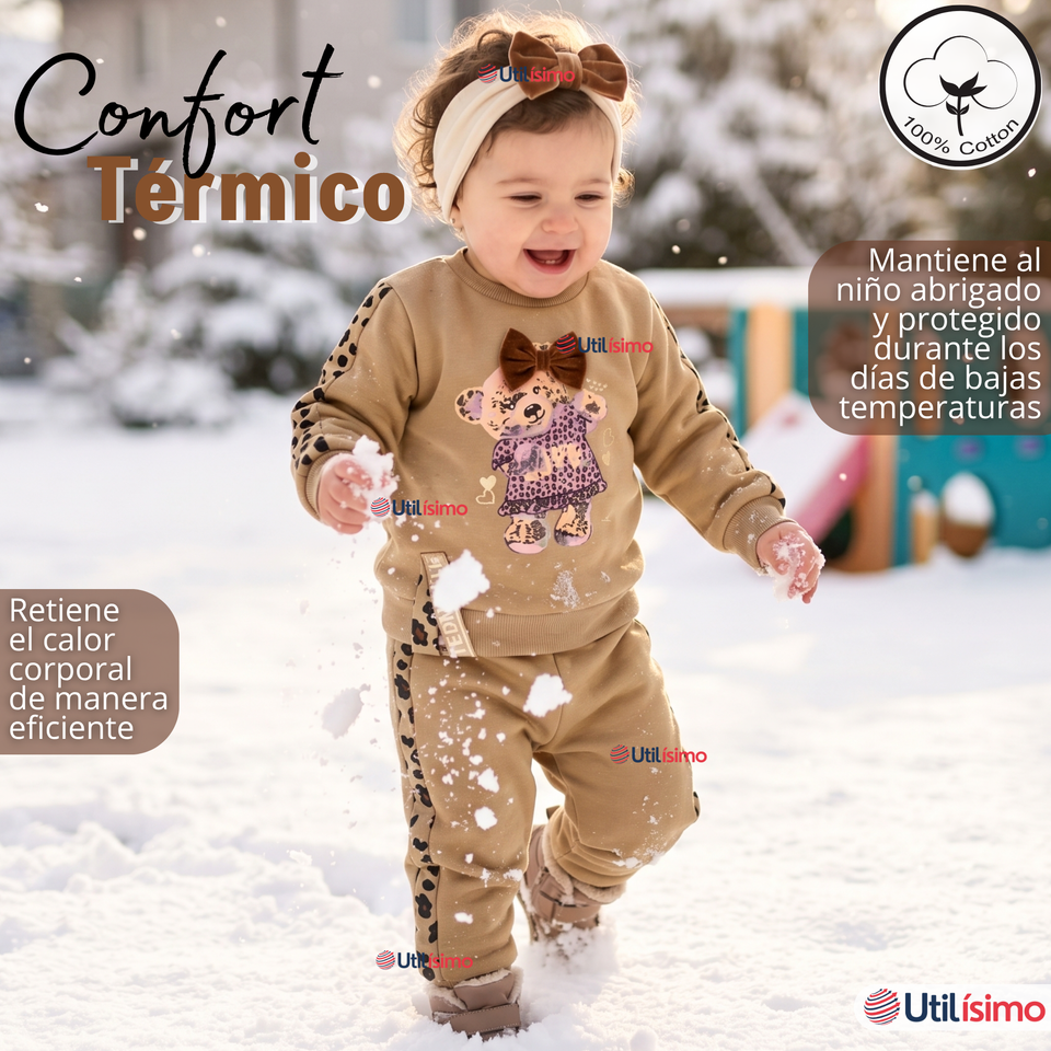 Conjunto 3 Piezas Buzo Pantalón Polerón Body De Algodón Beige Bebé Niña