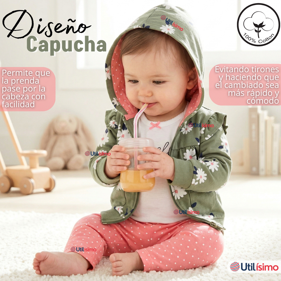 Conjunto 3 Piezas Buzo Pantalón Polerón Body De Algodón Verde Flores Bebé Niña