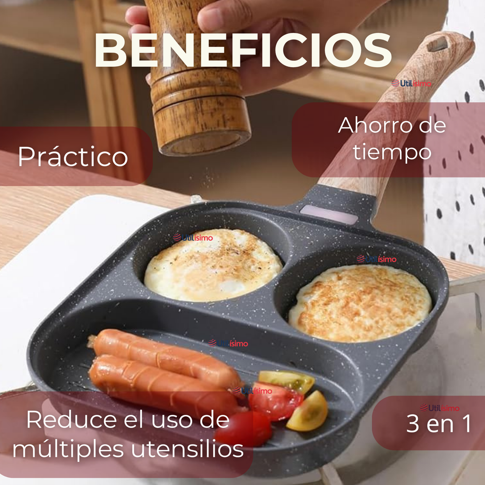 Sartén de Aluminio Antiadherente 3 en 1 Para Huevos Panqueques Hamburguesas