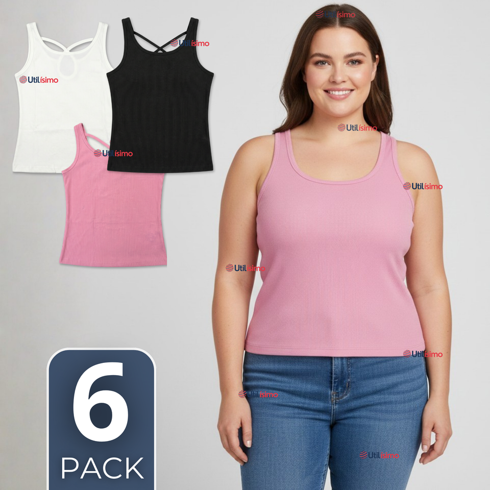 Pack 6 Camisetas Poleras 100% Algodón Básicas Lisa Con Espalda Cruzada Mujer Colores Surtidos Peto