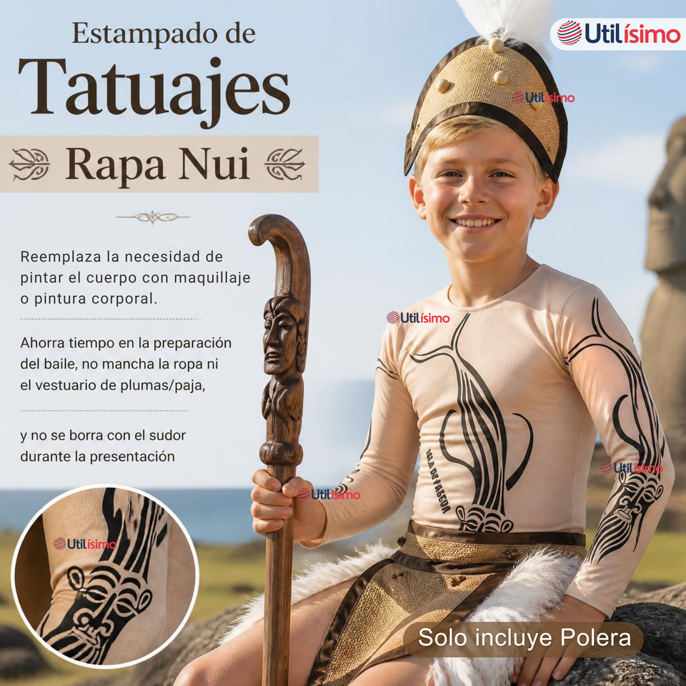 Pack 3 Poleras Efecto Piel Con Tatuajes Niño Rapa Nui Fiestas Patrias