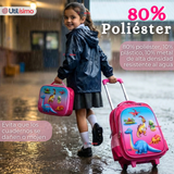 Mochila Escolar Con Ruedas + Estuche + Lonchera 46cm Desmontable Poliéster Rosa Dinosaurio Niña