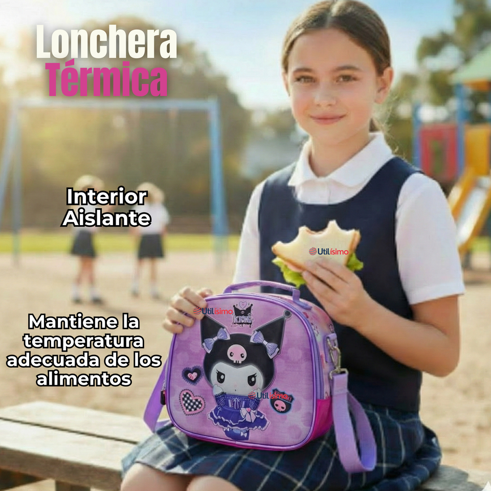 Mochila Kuromi Escolar Con Ruedas + Estuche + Lonchera Desmontable Poliéster Lila Niña