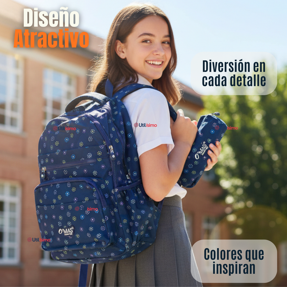 Mochila Escolar Con Estuche 46cm Poliéster Impermeable Niña Juvenil