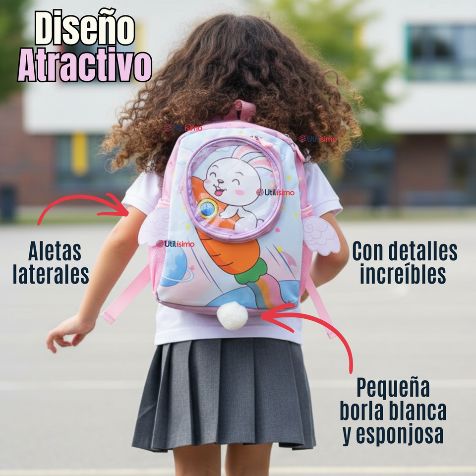 Mochila Escolar Con Estuche 33cm Poliéster Impermeable Conejita Niña