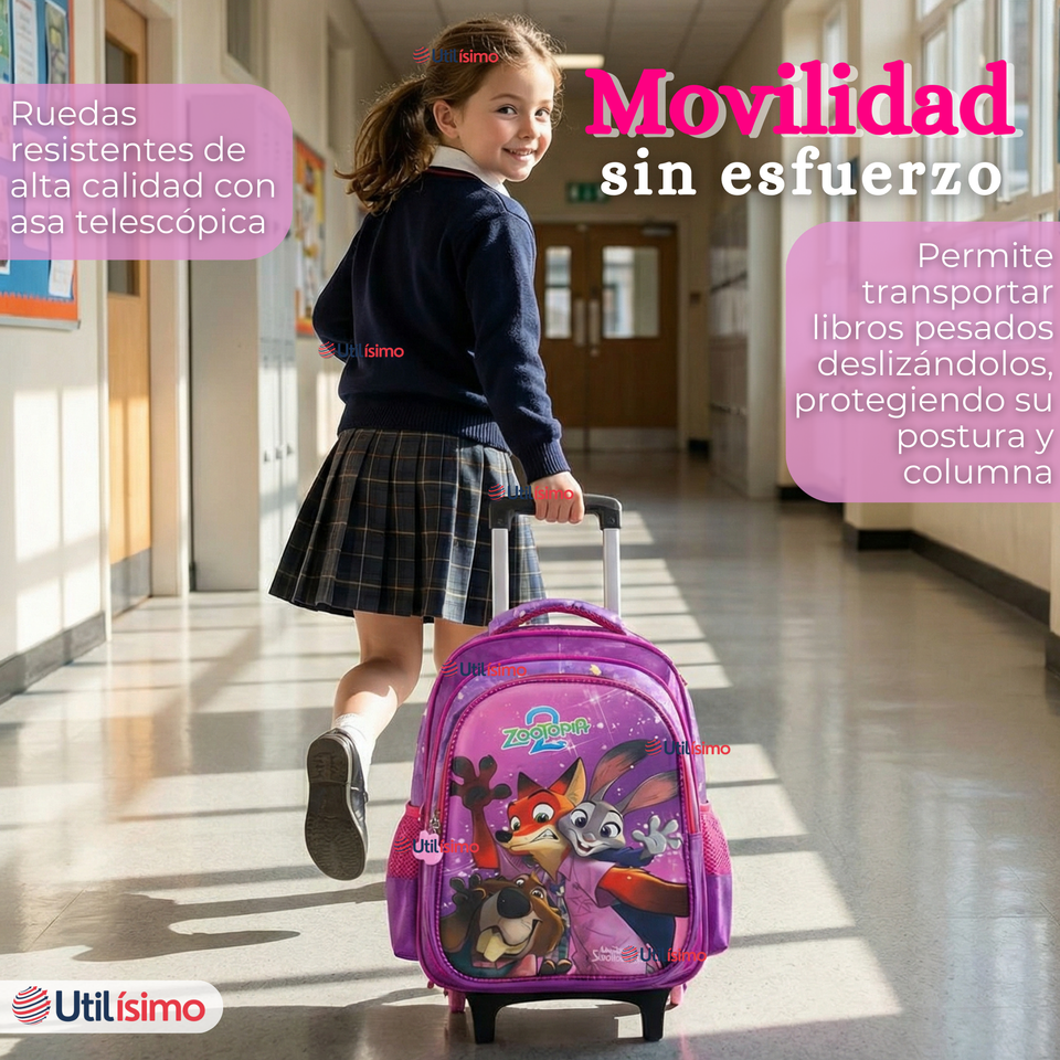 Mochila Escolar Con Ruedas + Estuche + Lonchera 46cm Desmontable Poliéster Fucsia Zootopia Niña