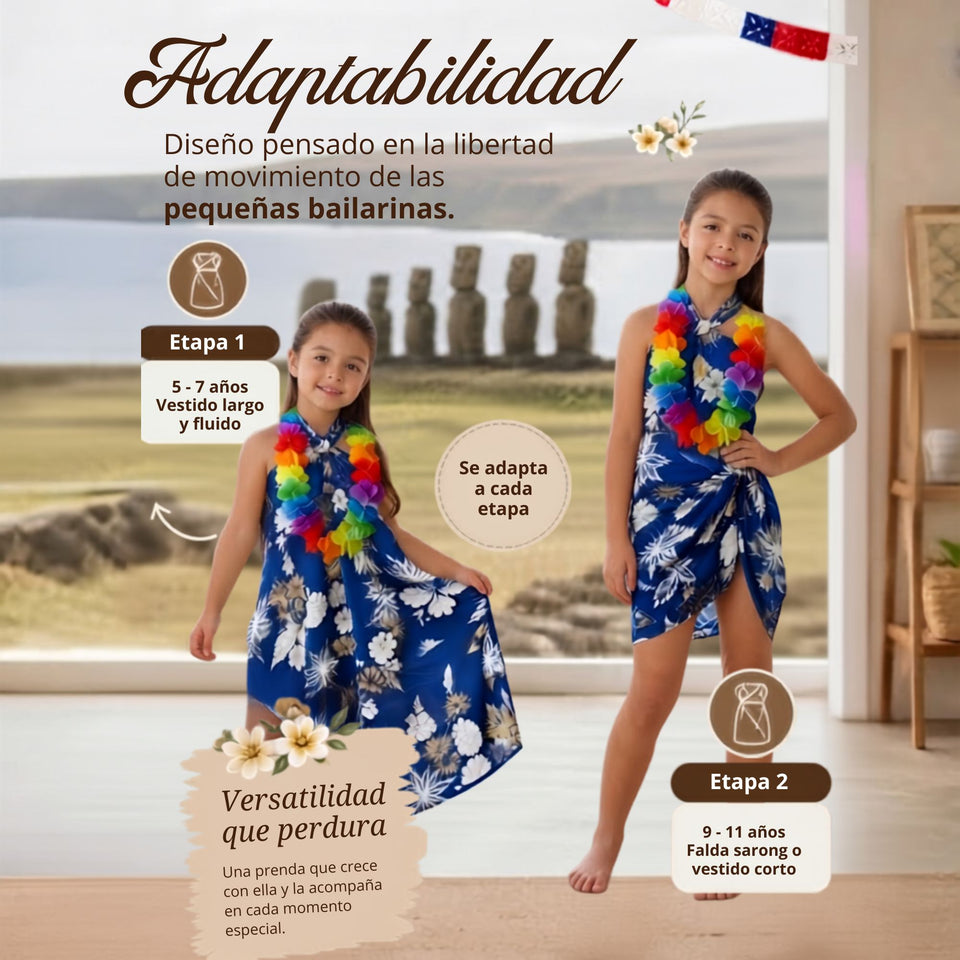 Traje Pareo Pascuense Hawaiano Azul con Collar Niña Fiestas Patrias