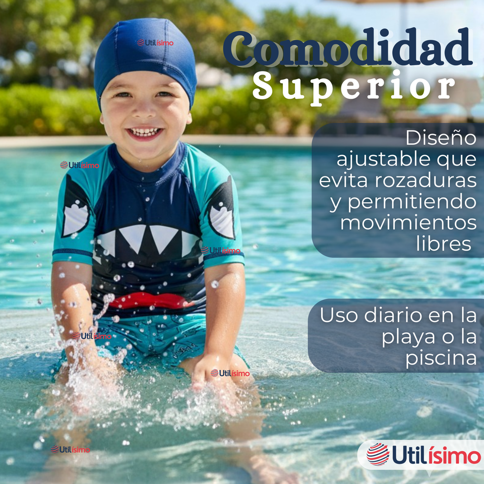 Traje de Baño Con Gorro Pantalón Corto Manga Corta 3 Piezas Corte Split Niño 2 a 8 años Blue Shark