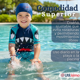 Traje de Baño Con Gorro Pantalón Corto Manga Corta 3 Piezas Corte Split Niño 2 a 8 años Blue Shark
