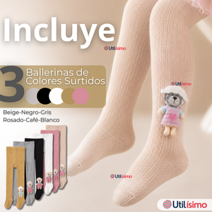 Pack 3 Pantys 3D Osito Tejida Niña Ballerina 78% Algodón Premium Surtidas
