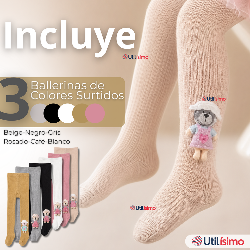 Pack 3 Pantys 3D Osito Tejida Niña Ballerina 78% Algodón Premium Surtidas