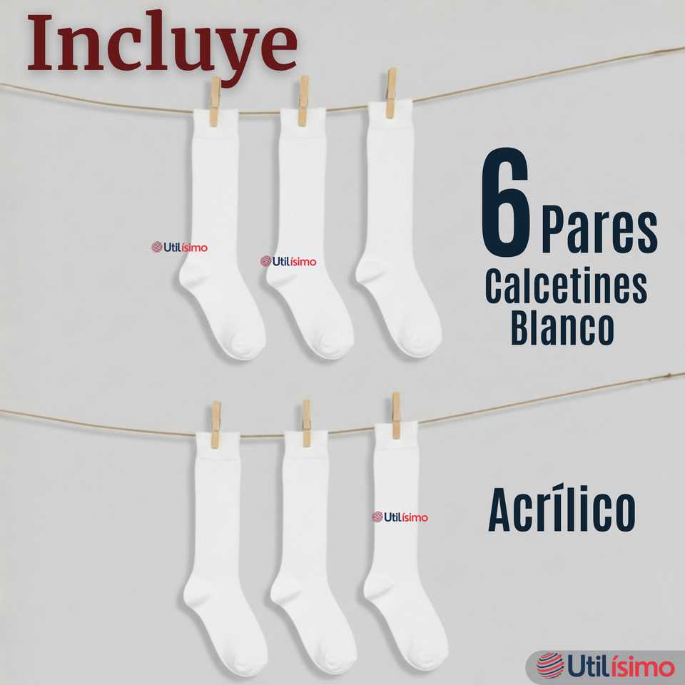 Pack 6 Calcetínes Escolares Largo Acrílico Blanco Niñas Juvenil