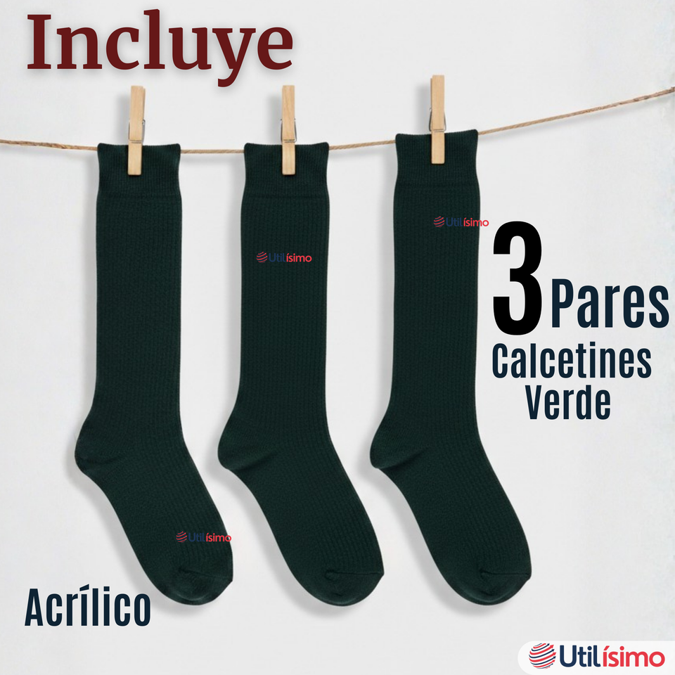 Pack 3 Calcetínes Escolares Largo Acrílico Verde Niñas Juvenil