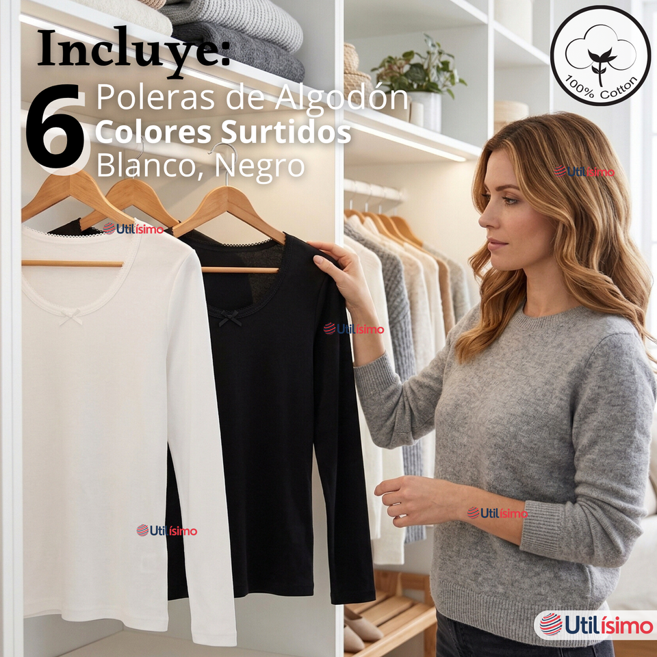 Pack 6 Camisetas Poleras Algodón Primera Capa Manga Larga Blanco Negro Mujer