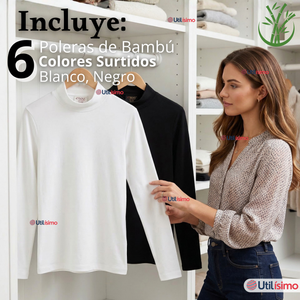 Pack 6 Camisetas Poleras Bambú Primera Capa Cuello Beatle Manga Larga Blanco Negro Mujer