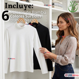 Pack 6 Camisetas Poleras Bambú Primera Capa Cuello Beatle Manga Larga Blanco Negro Mujer
