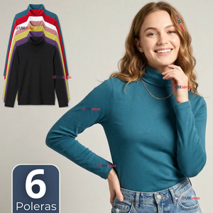 Pack 6 Camisetas Poleras Polar Primera Capa Cuello Beatle Manga Larga Colores Surtidos Mujer