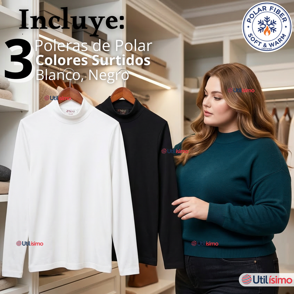 Pack 3 Camisetas Poleras Polar Primera Capa Cuello Beatle Manga Larga Blanco Negro Mujer