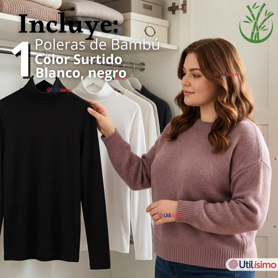 Camiseta Polera Bambú Primera Capa Cuello Beatle Manga Larga Blanco Negro Mujer