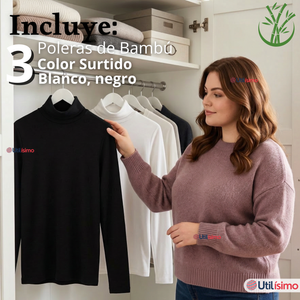 Pack 3 Camisetas Poleras Bambú Primera Capa Cuello Beatle Manga Larga Blanco Negro Mujer