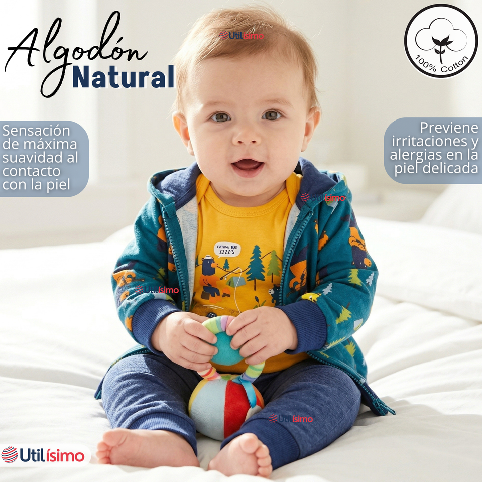 Conjunto 3 Piezas Buzo Pantalón Polerón Body De Algodón Amarillo Osos Bebé Niño