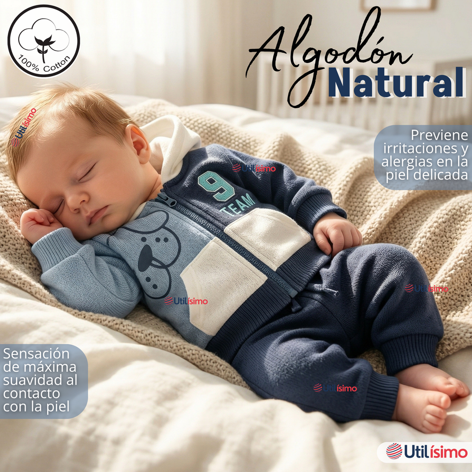 Conjunto 2 Piezas Buzo Pantalón Y Polerón Con Capucha De Algodón Azul Bebé Niño