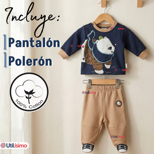 Conjunto 2 Piezas Buzo Pantalón Y Polerón De Algodón Azul Oso Polar Bebé Niño