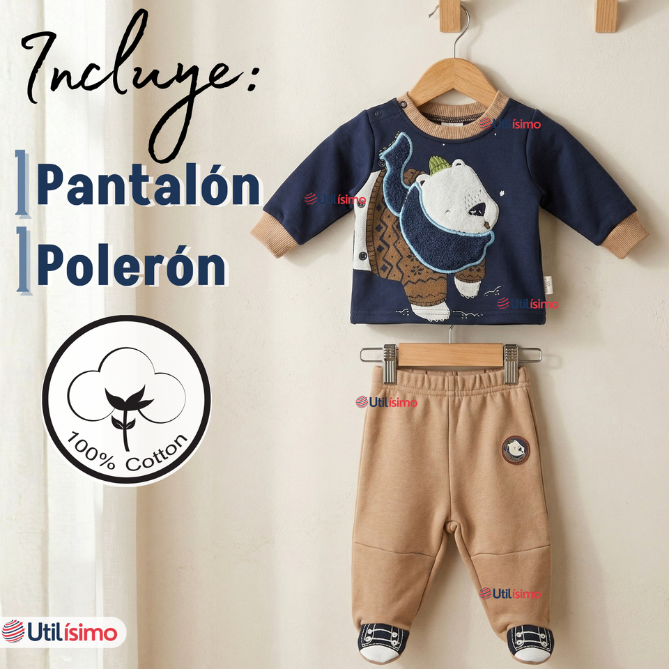 Conjunto 2 Piezas Buzo Pantalón Y Polerón De Algodón Azul Oso Polar Bebé Niño