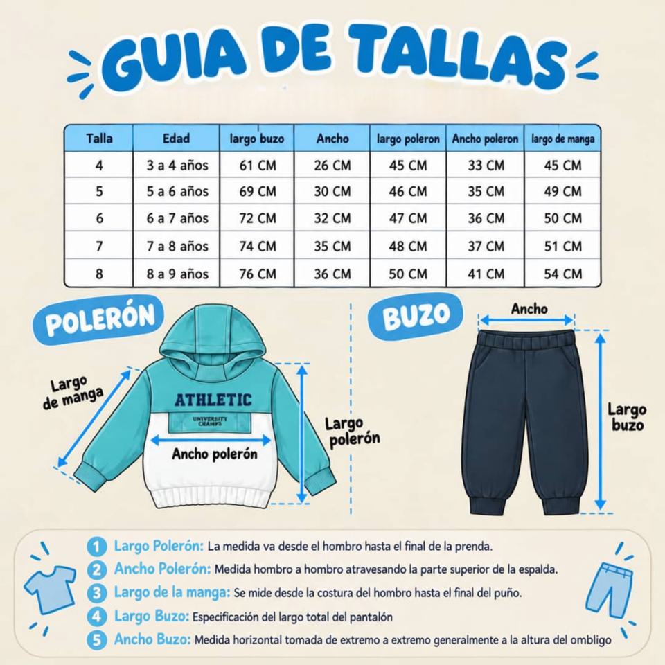 Conjunto Buzo Polerón 2 Piezas 100% Algodón Tedmimak Niño Athletic