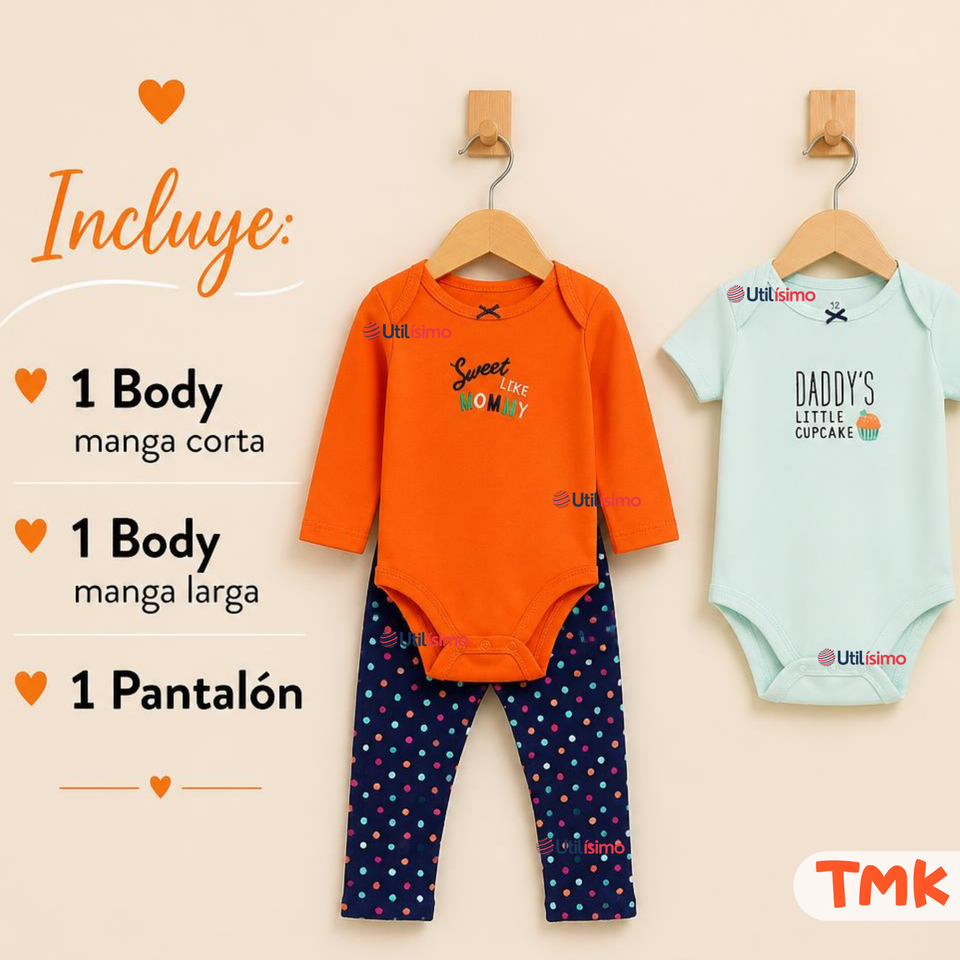 Conjunto 3 Piezas 100% Algodón Tedmimak Niña Cupcake Orange