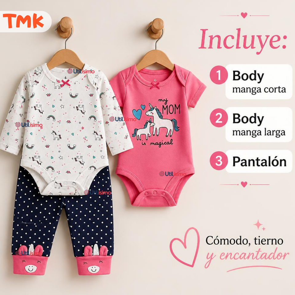 Conjunto 3 Piezas 100% Algodón Tedmimak Niña Baby Unicorn
