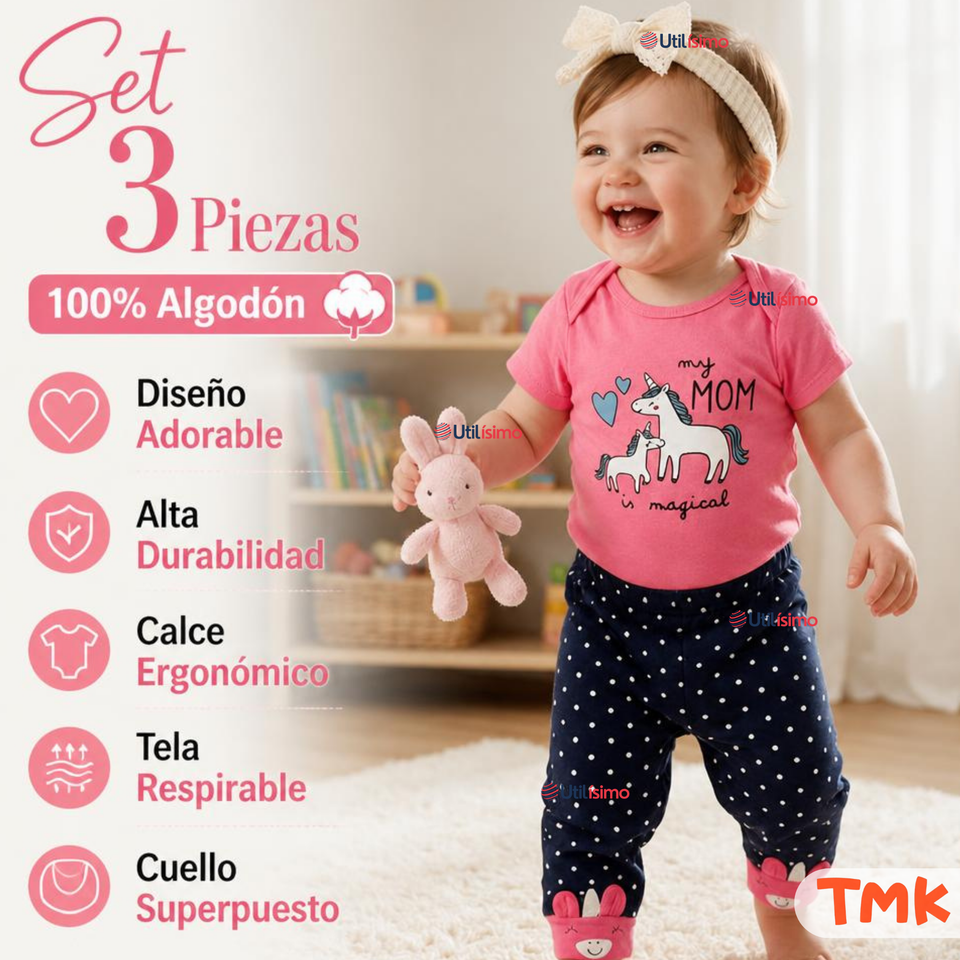 Conjunto 3 Piezas 100% Algodón Tedmimak Niña Baby Unicorn