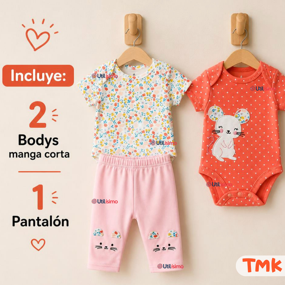 Conjunto 3 Piezas 100% Algodón Tedmimak Niña Mouse & Flower