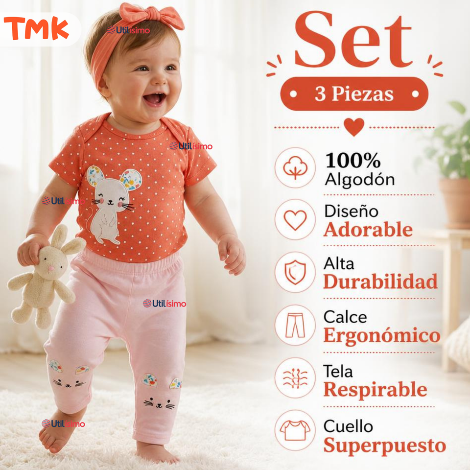 Conjunto 3 Piezas 100% Algodón Tedmimak Niña Mouse & Flower