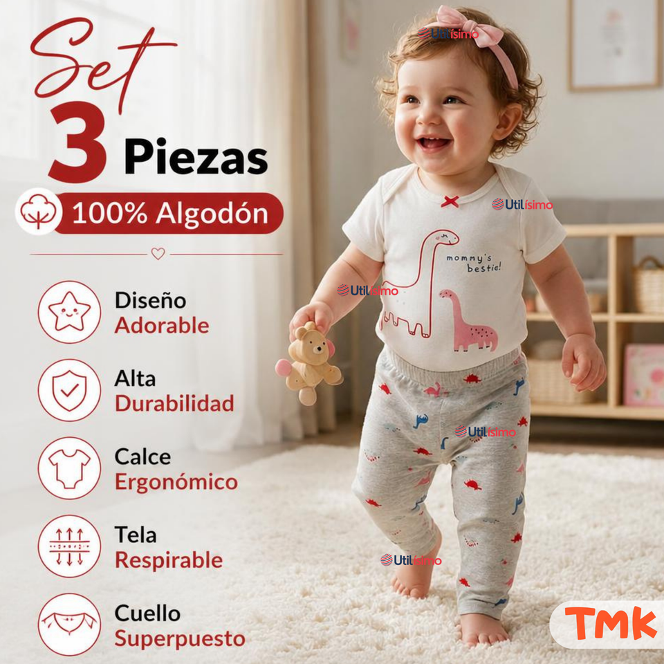 Conjunto 3 Piezas 100% Algodón Tedmimak Niña Dino Girl