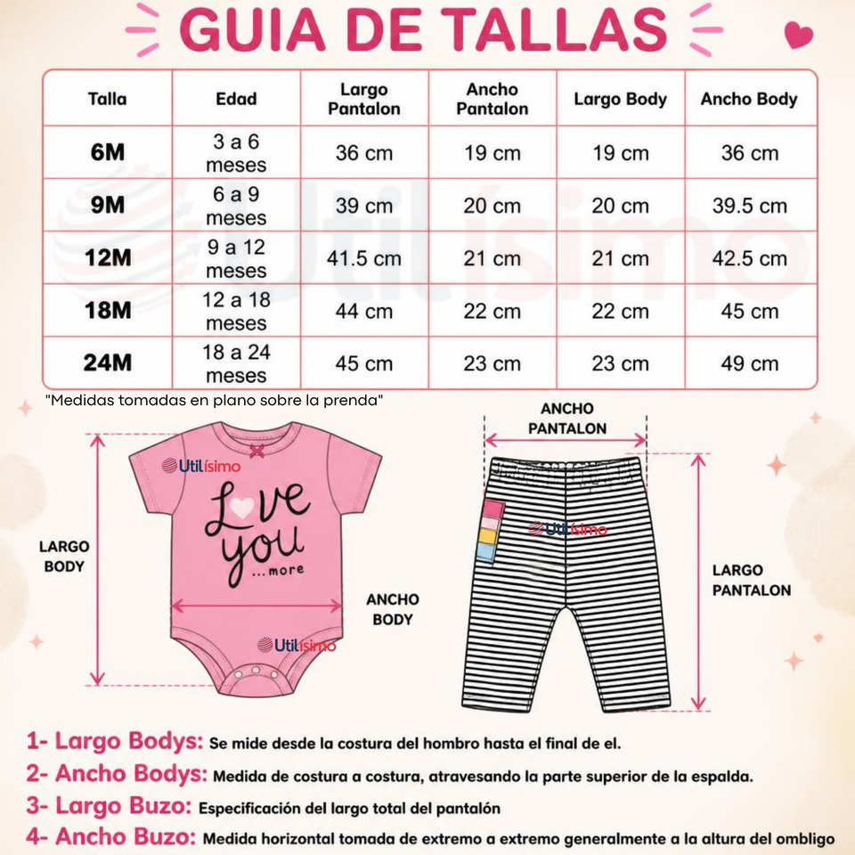 Conjunto 3 Piezas 100% Algodón Tedmimak Niña Sweet Heart