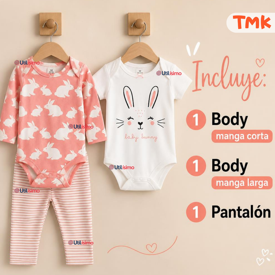 Conjunto 3 Piezas 100% Algodón Tedmimak Niña Pink Bunny