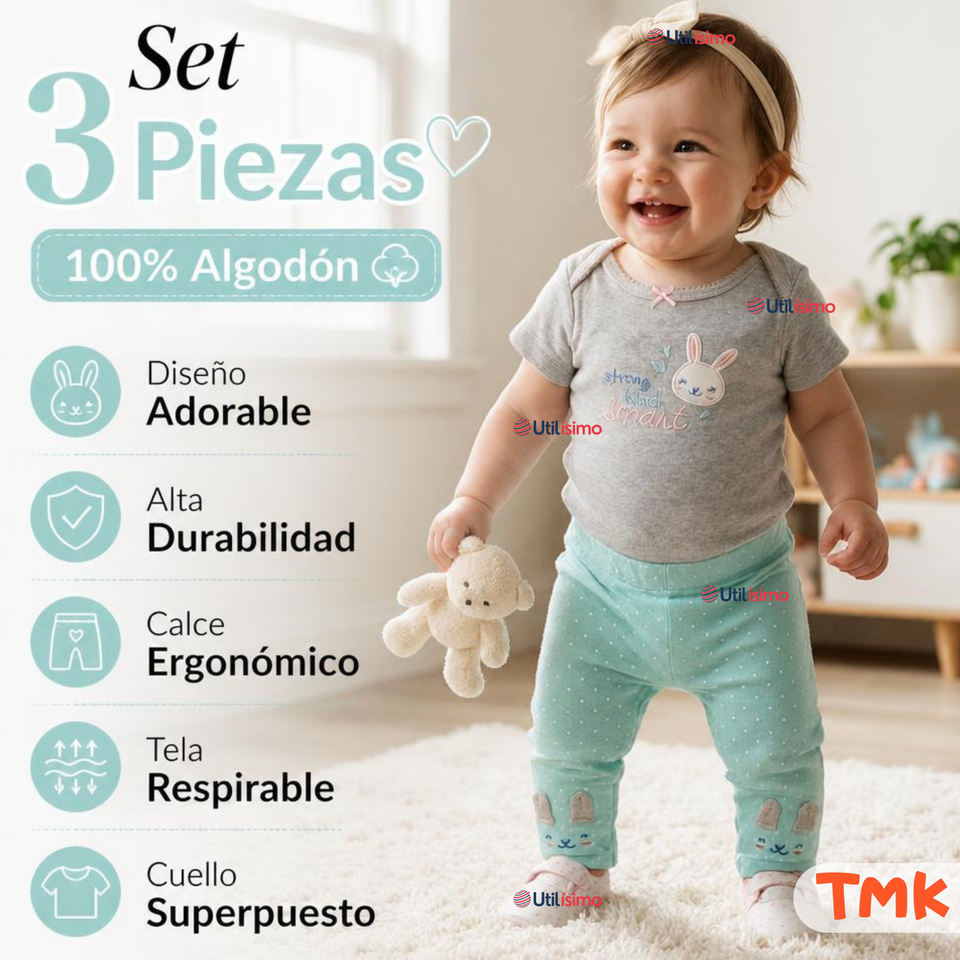 Conjunto 3 Piezas 100% Algodón Tedmimak Niña Baby pet