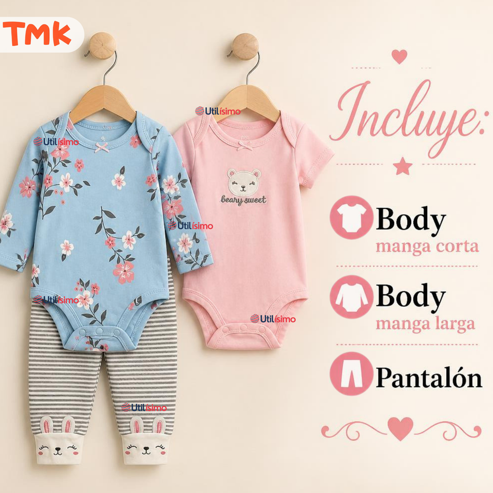 Conjunto 3 Piezas 100% Algodón Tedmimak Niña Sweet Flower