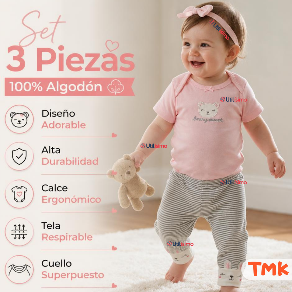 Conjunto 3 Piezas 100% Algodón Tedmimak Niña Sweet Flower