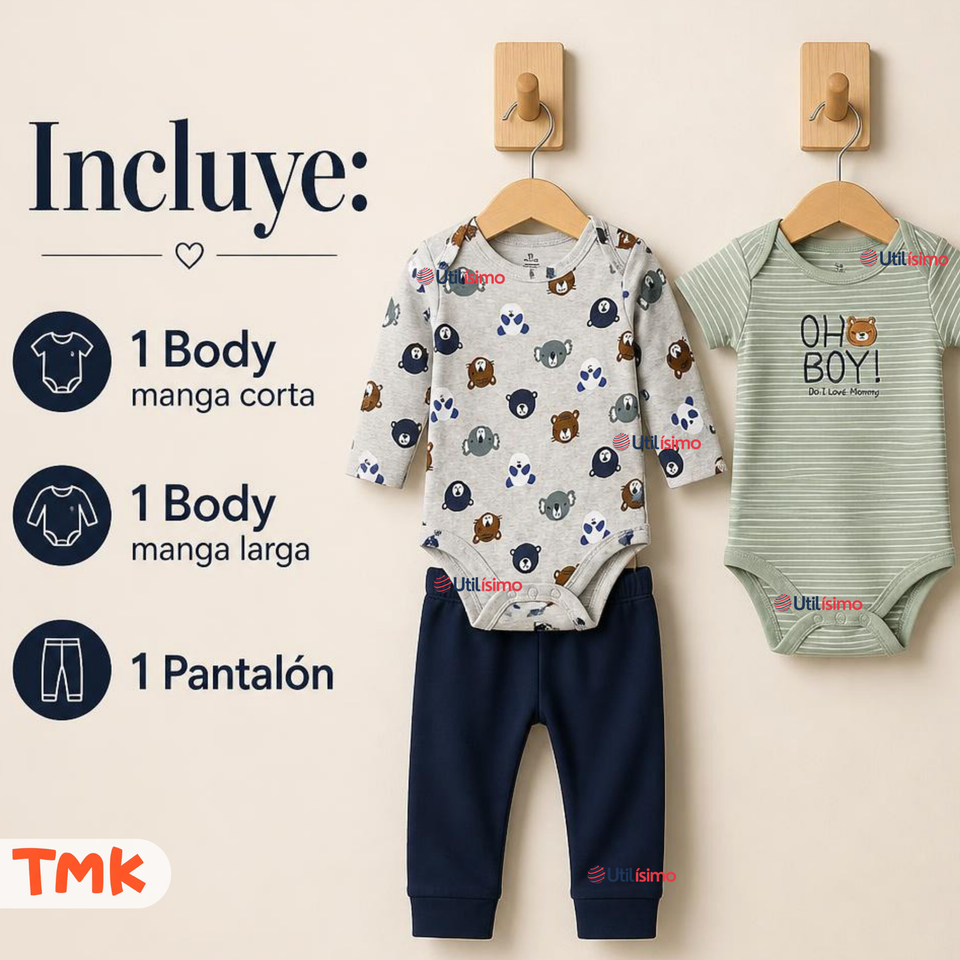 Conjunto 3 Piezas 100% Algodón Tedmimak Niño Baby Bear