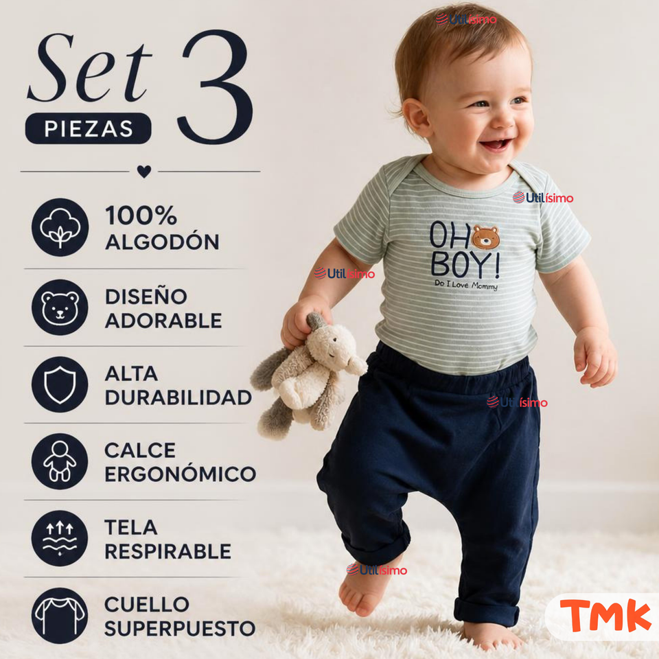 Conjunto 3 Piezas 100% Algodón Tedmimak Niño Baby Bear