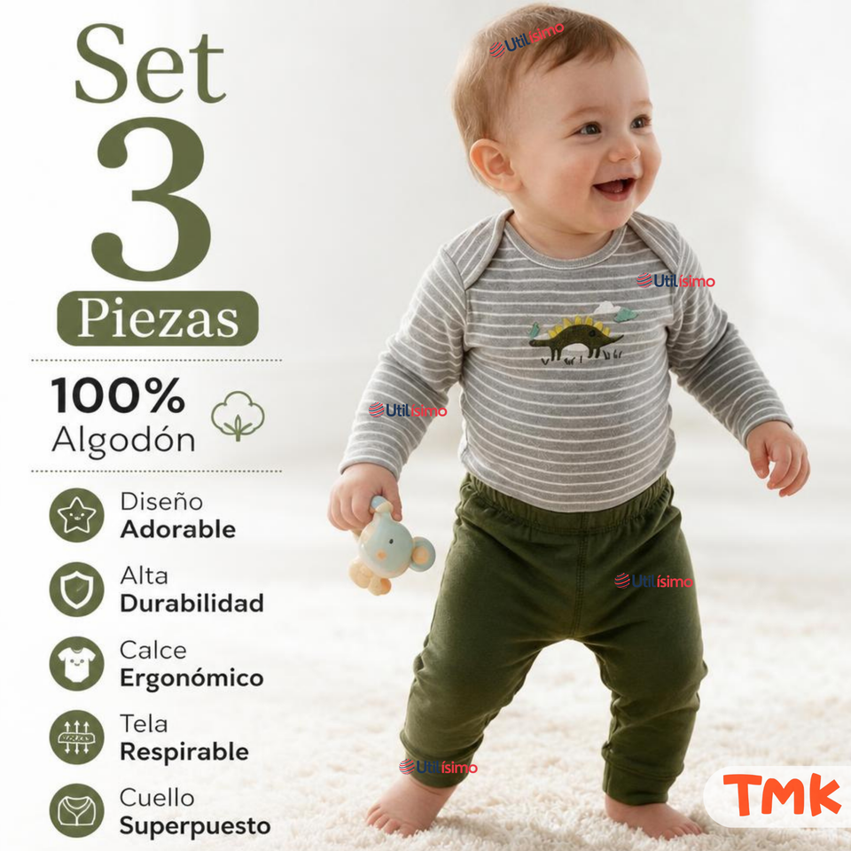 Conjunto 3 Piezas 100% Algodón Tedmimak Niño Baby Dino