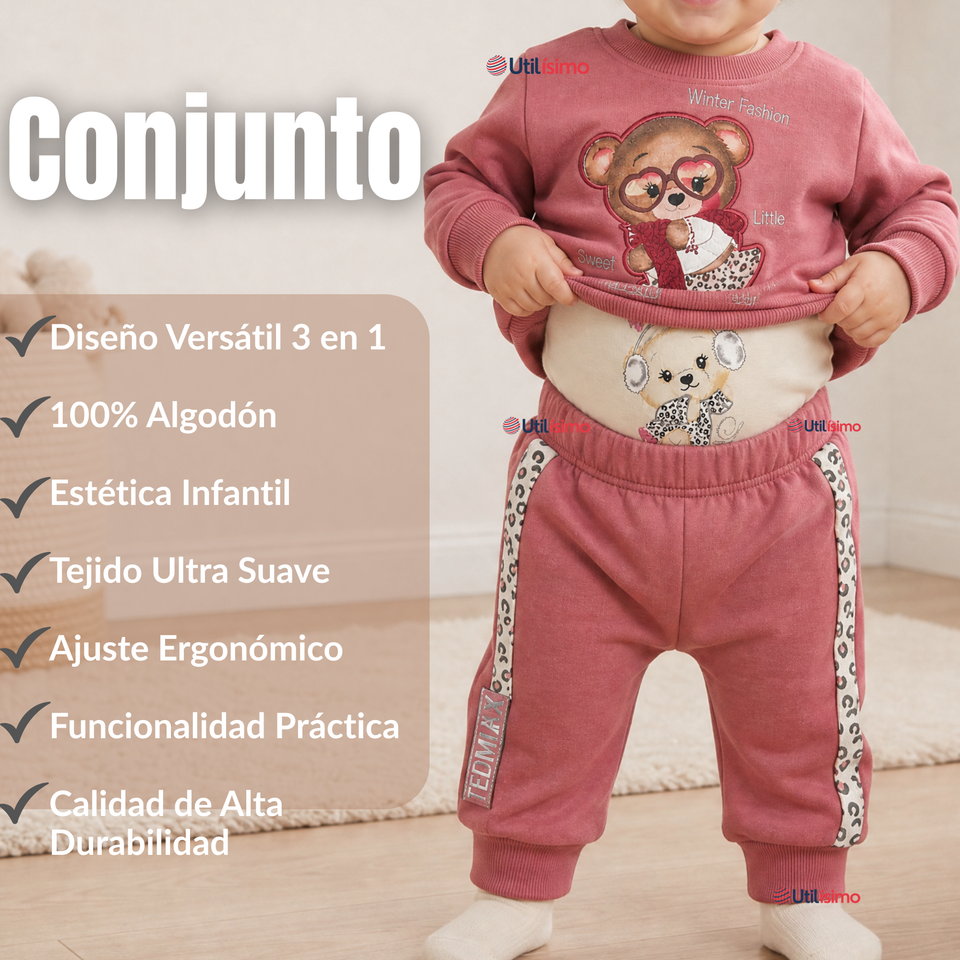 Conjunto 3 Piezas Buzo Pantalón Polerón Body De Algodón Rosado Bebé Niña