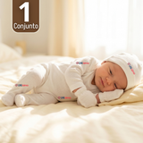 Conjunto Set 5 Piezas Body Camiseta Panty Gorro Manoplas Algodón Blanco Bebé Unisex